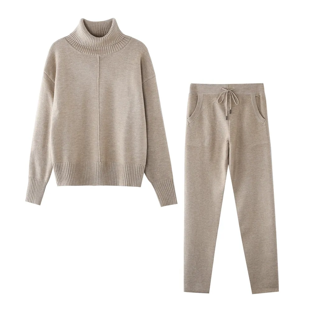 TAOVK Women's Woolen Knitted High Collar Sweater Pants Loose Style Two-piece Set