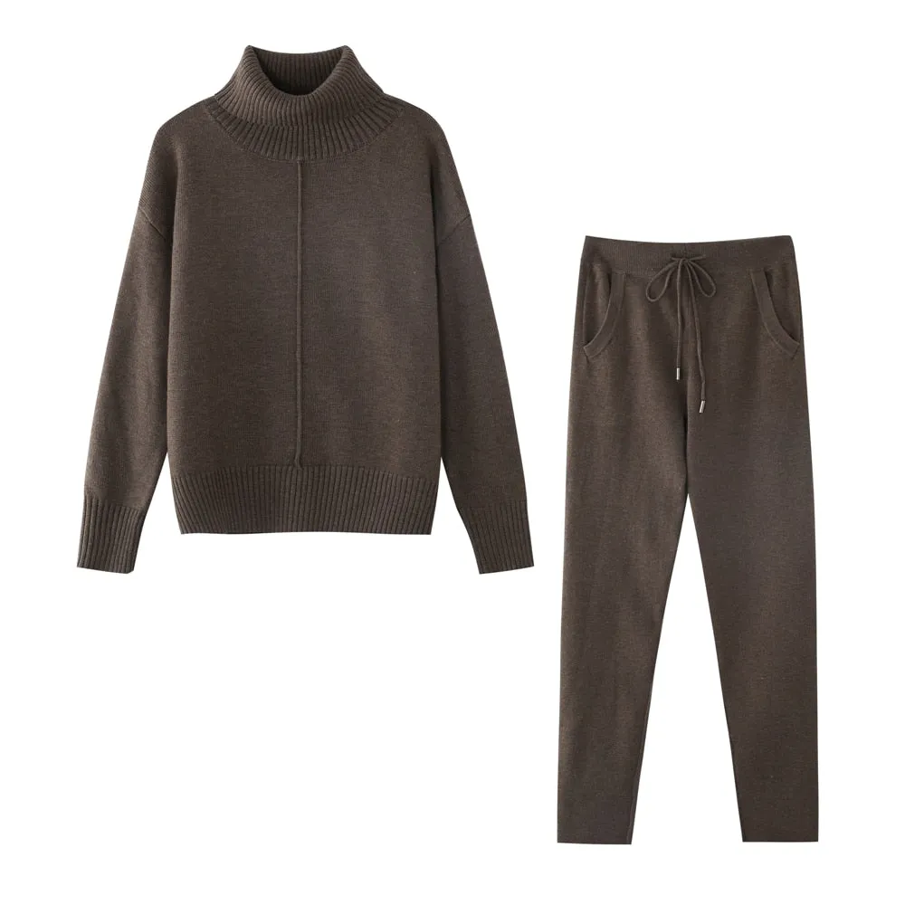 TAOVK Women's Woolen Knitted High Collar Sweater Pants Loose Style Two-piece Set