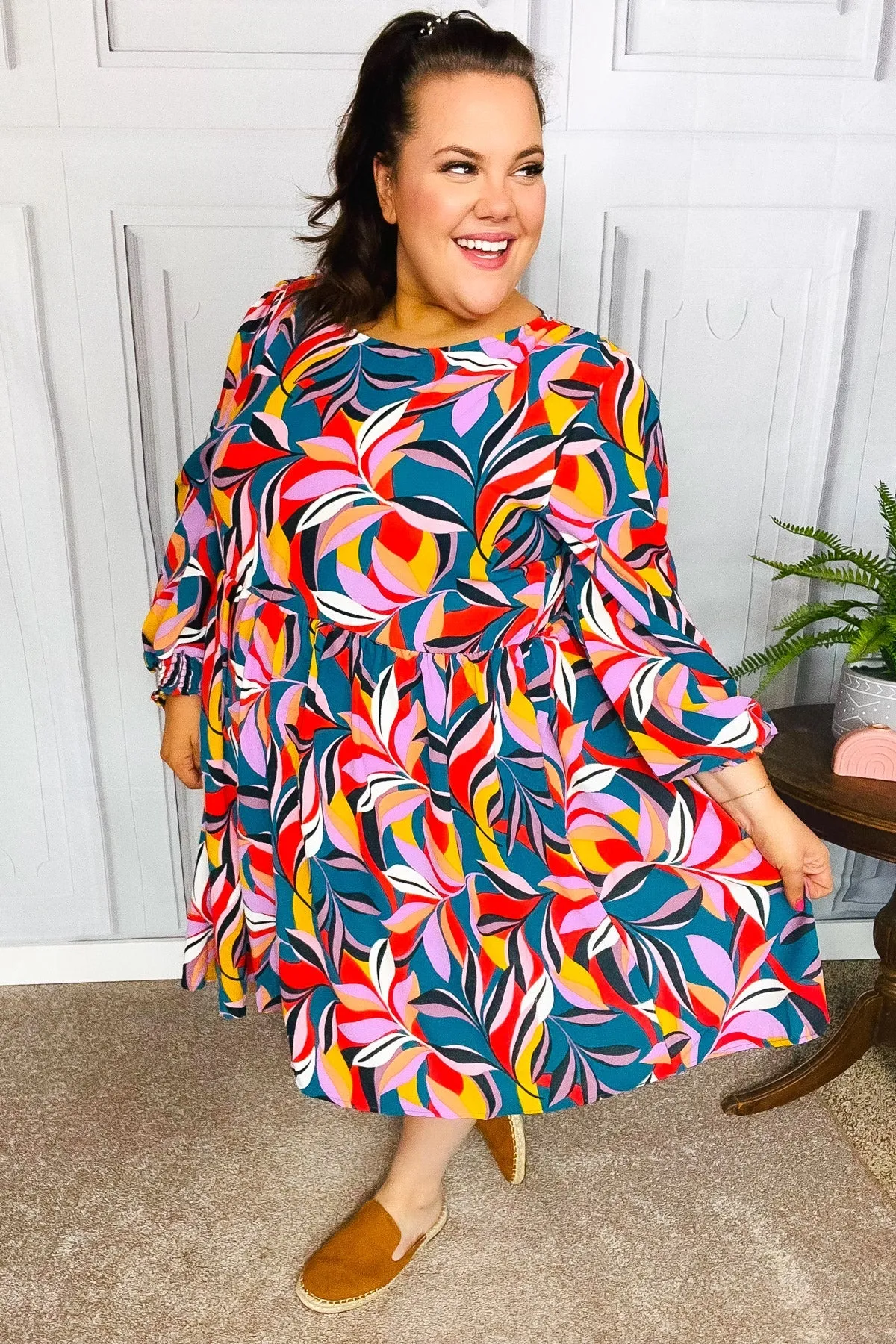 Teal Abstract Print Smocked Cuff Bubble Sleeve Dress