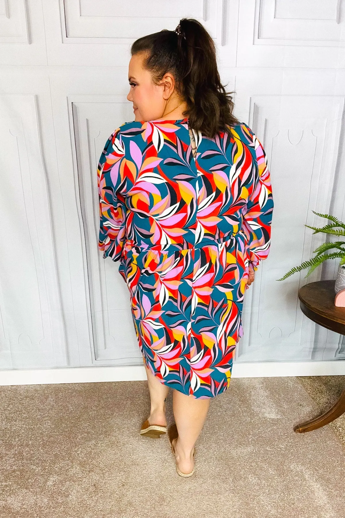 Teal Abstract Print Smocked Cuff Bubble Sleeve Dress