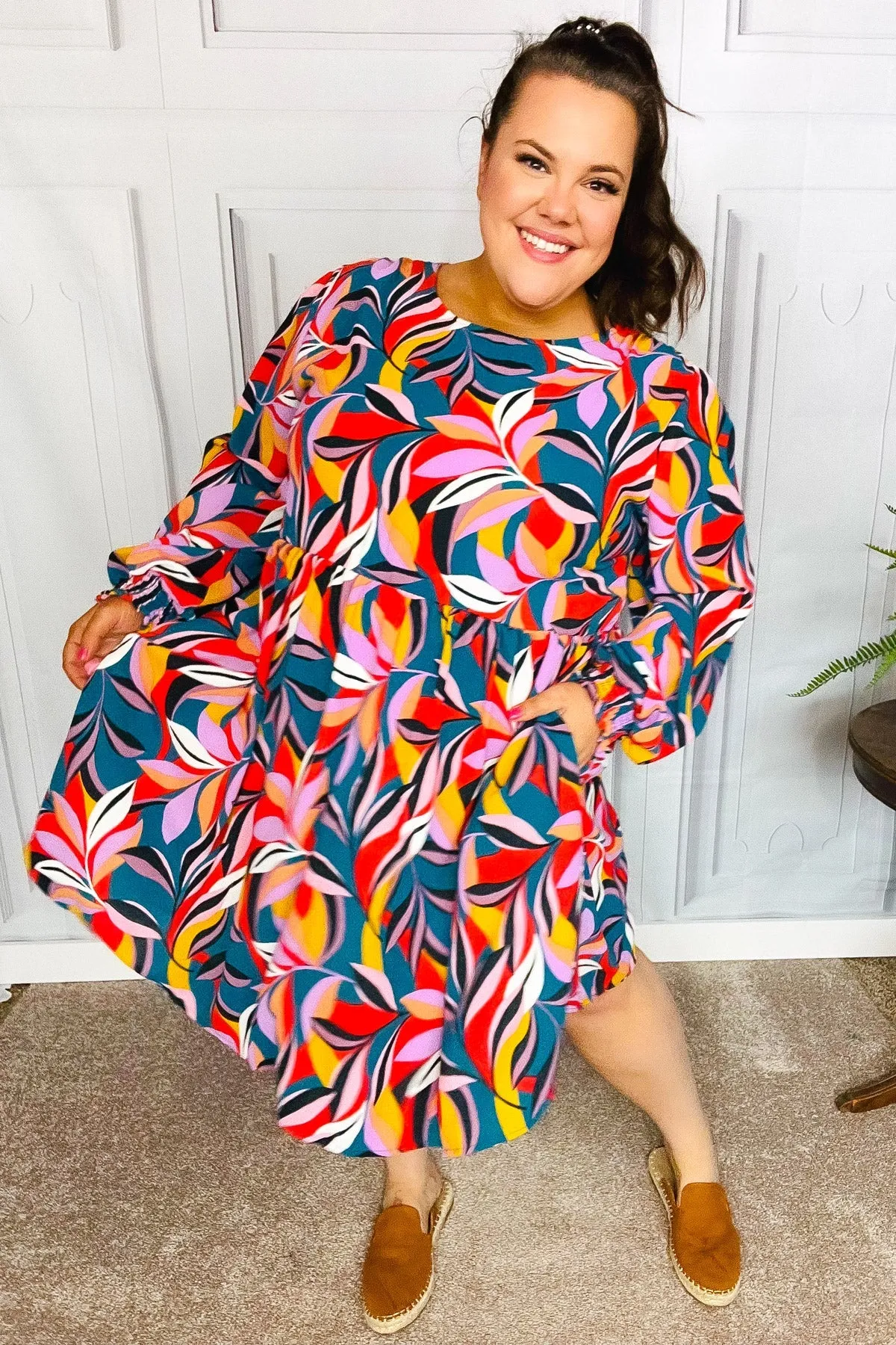 Teal Abstract Print Smocked Cuff Bubble Sleeve Dress