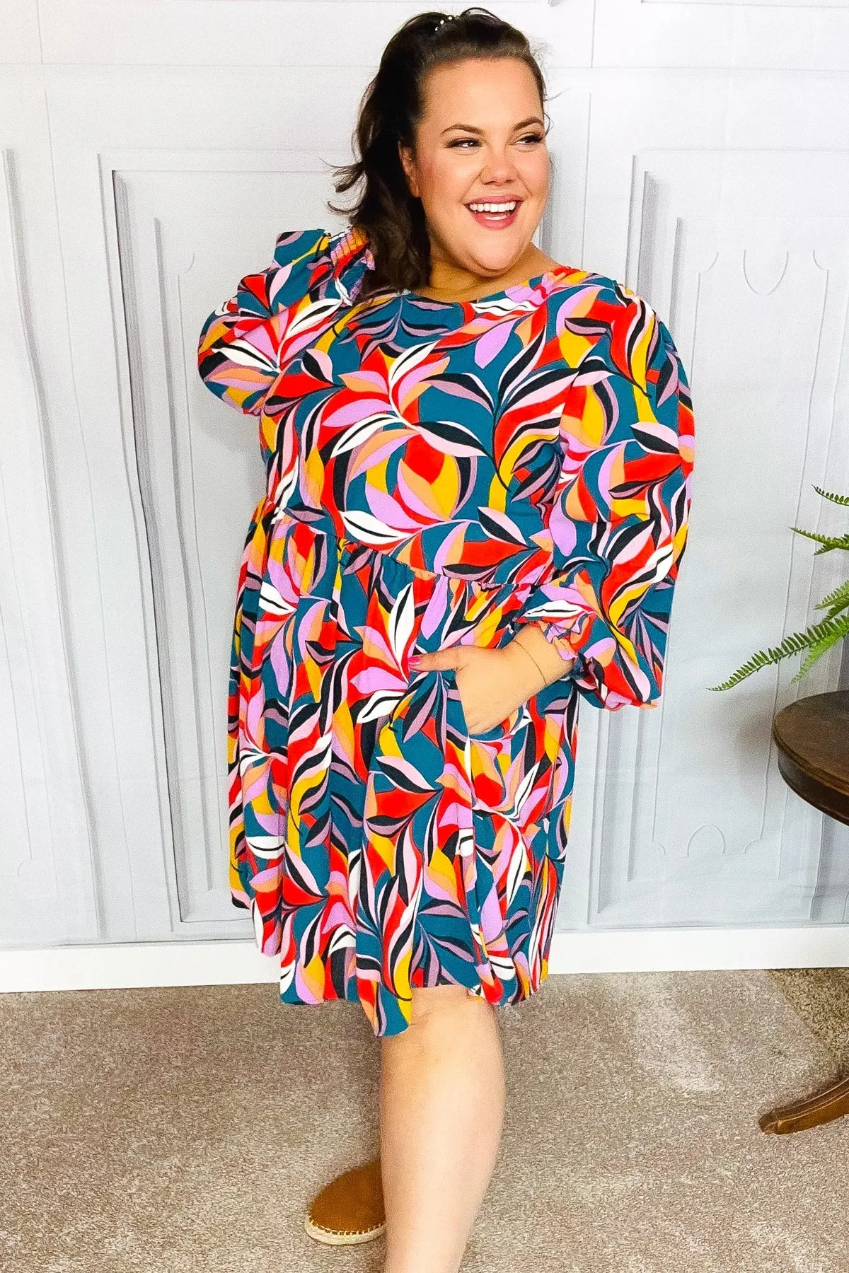 Teal Abstract Print Smocked Cuff Bubble Sleeve Dress