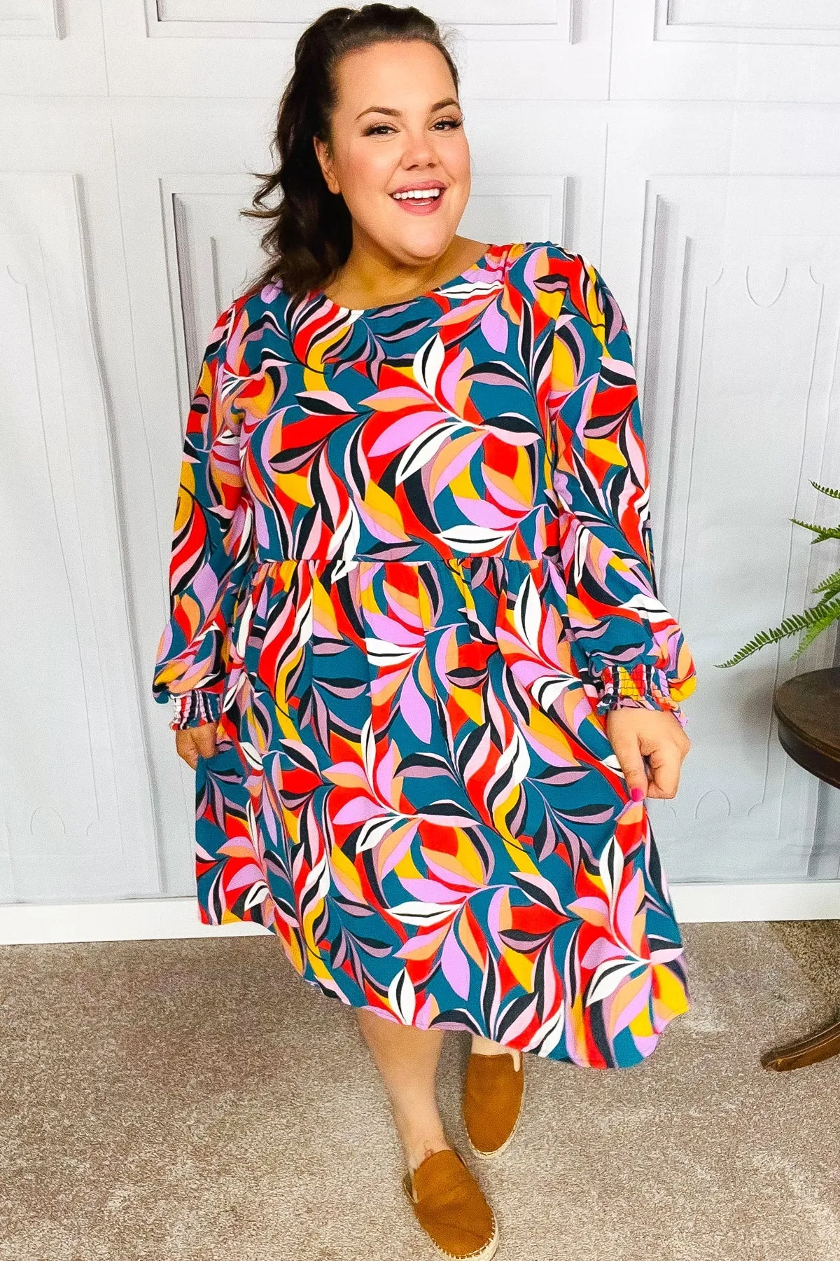 Teal Abstract Print Smocked Cuff Bubble Sleeve Dress