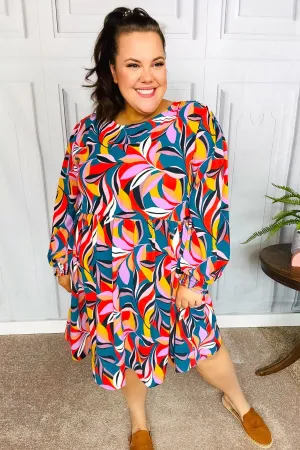 Teal Abstract Print Smocked Cuff Bubble Sleeve Dress