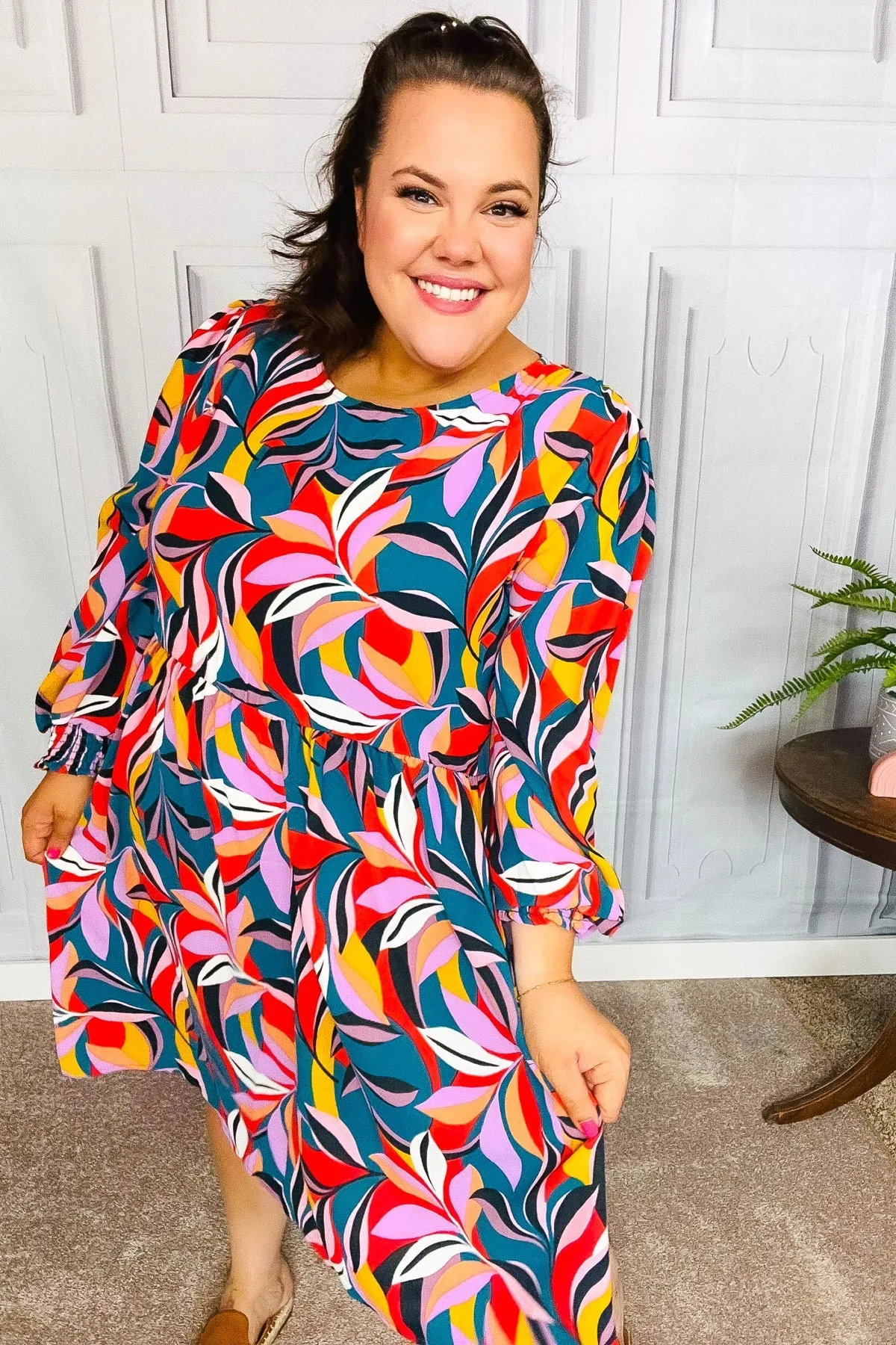 Teal Abstract Print Smocked Cuff Bubble Sleeve Dress