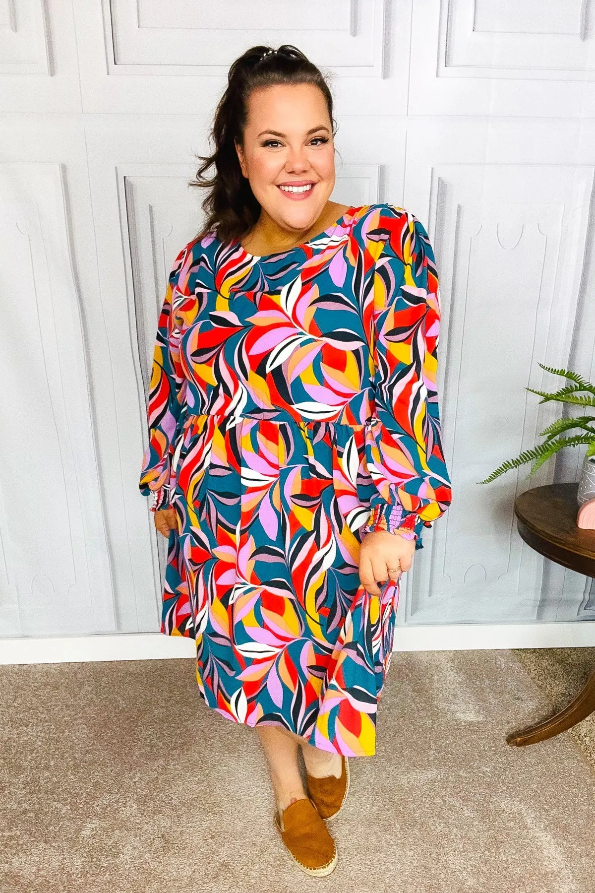Teal Abstract Print Smocked Cuff Bubble Sleeve Dress