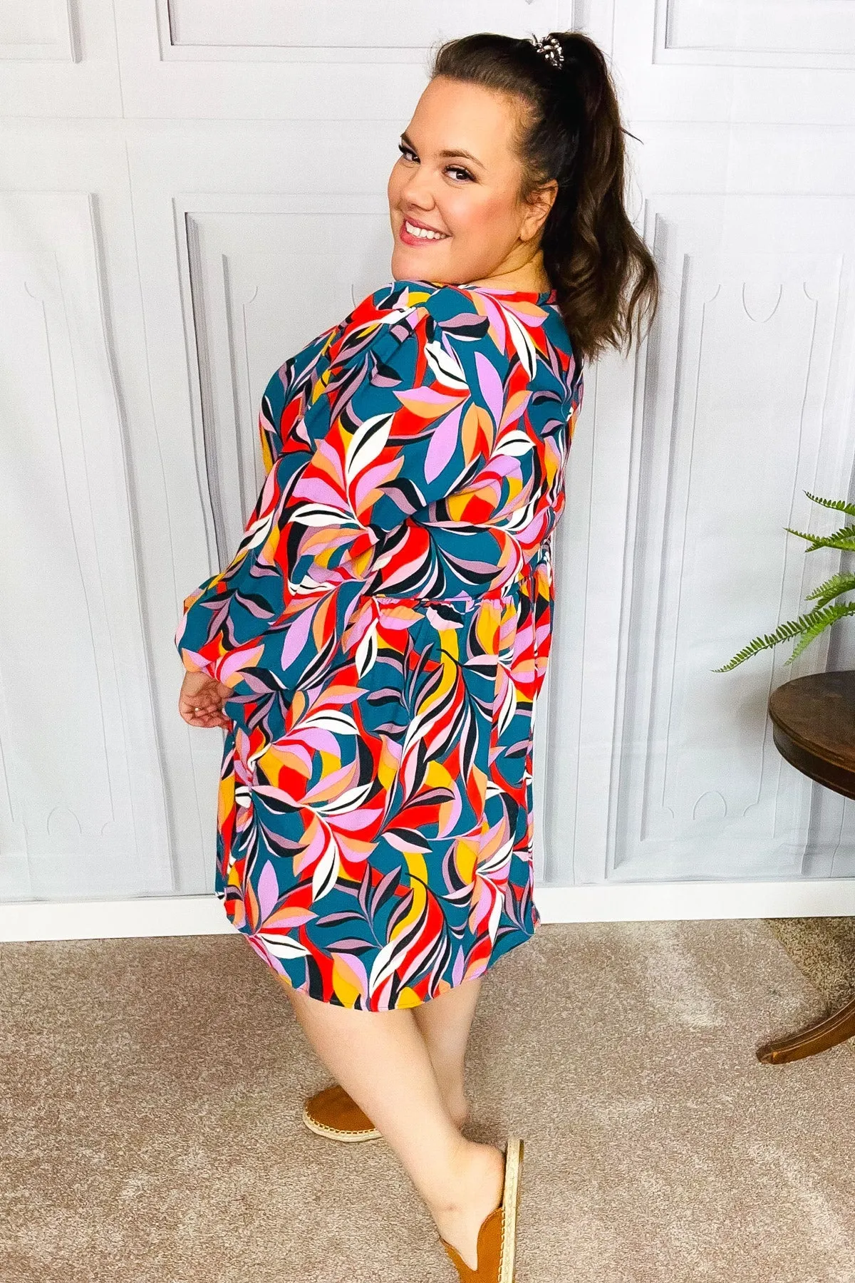 Teal Abstract Print Smocked Cuff Bubble Sleeve Dress