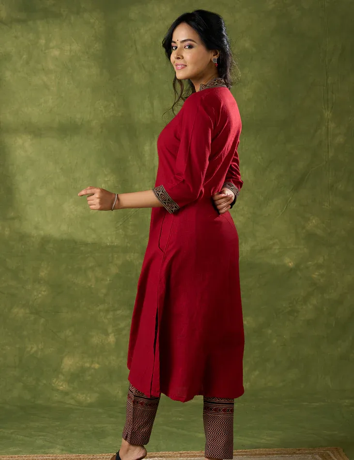 Trendy Maroon Cotton Ajrakh Pleated Kurta