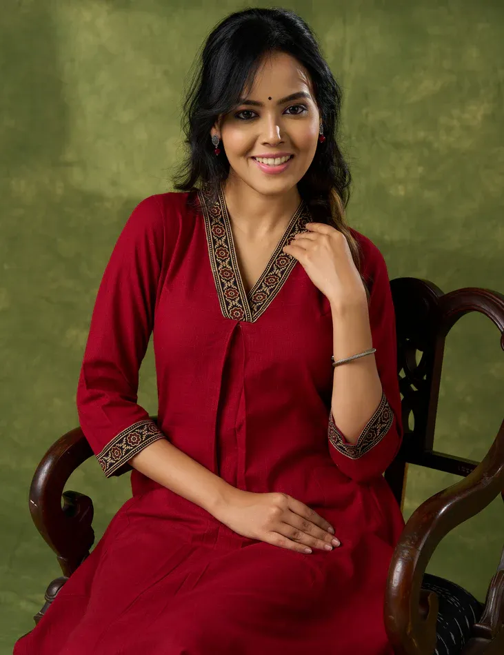 Trendy Maroon Cotton Ajrakh Pleated Kurta