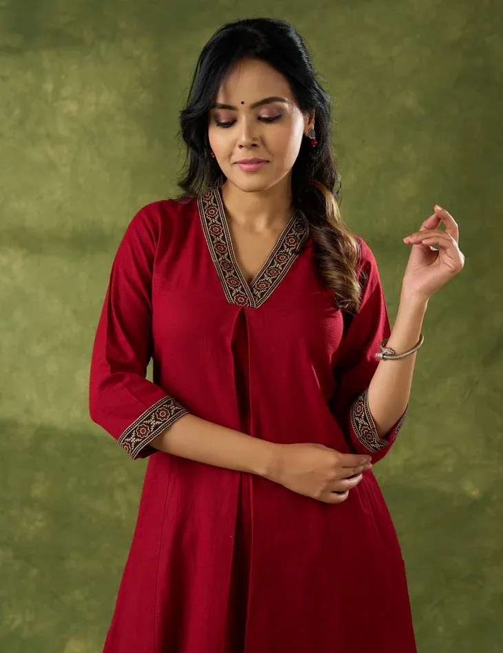 Trendy Maroon Cotton Ajrakh Pleated Kurta