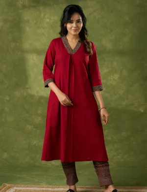 Trendy Maroon Cotton Ajrakh Pleated Kurta