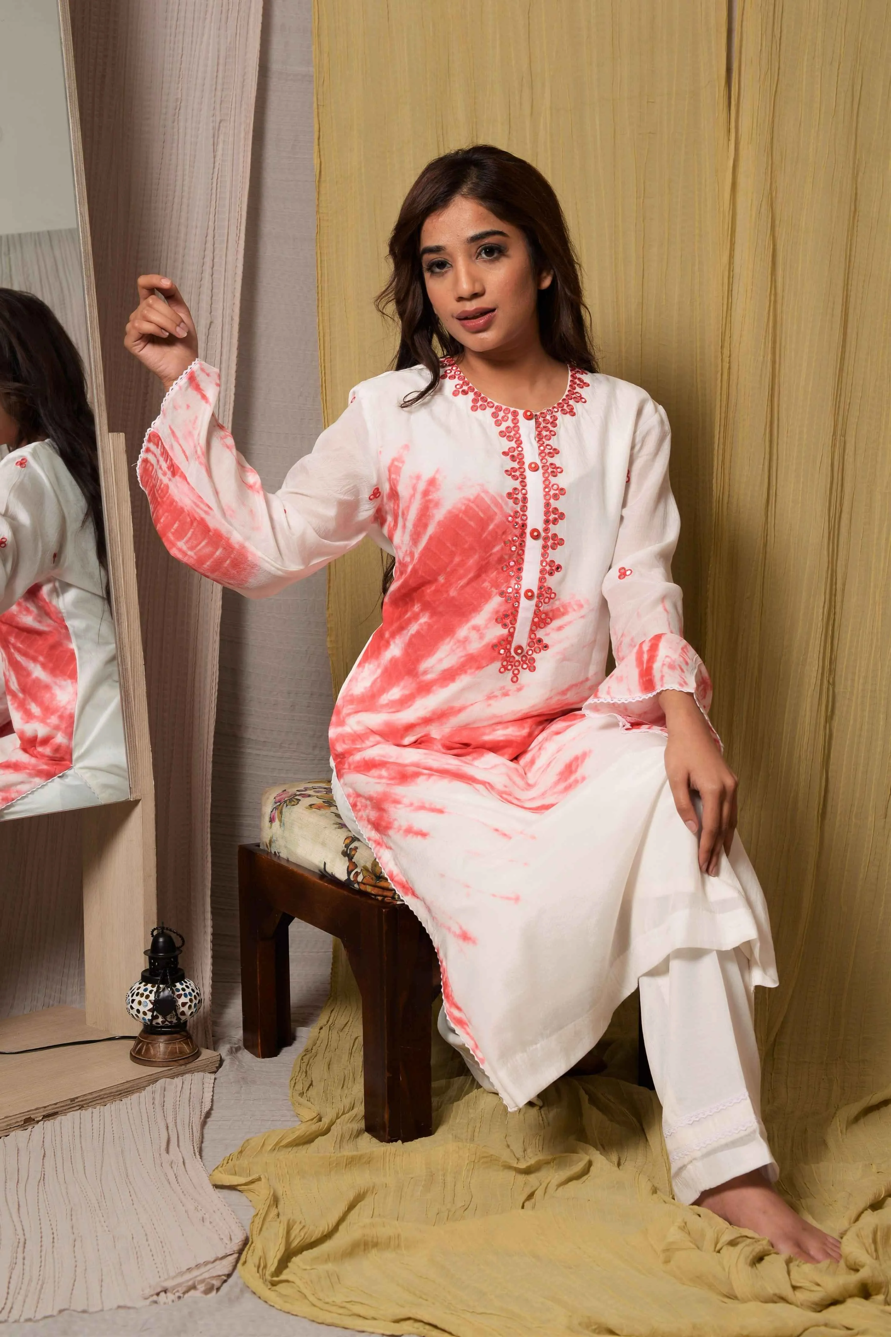 White & Peach Tie-Dye Kurta with Pants