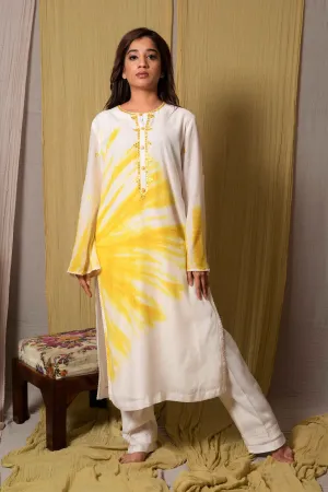White & Yellow Tie-Dye Kurta with Pants