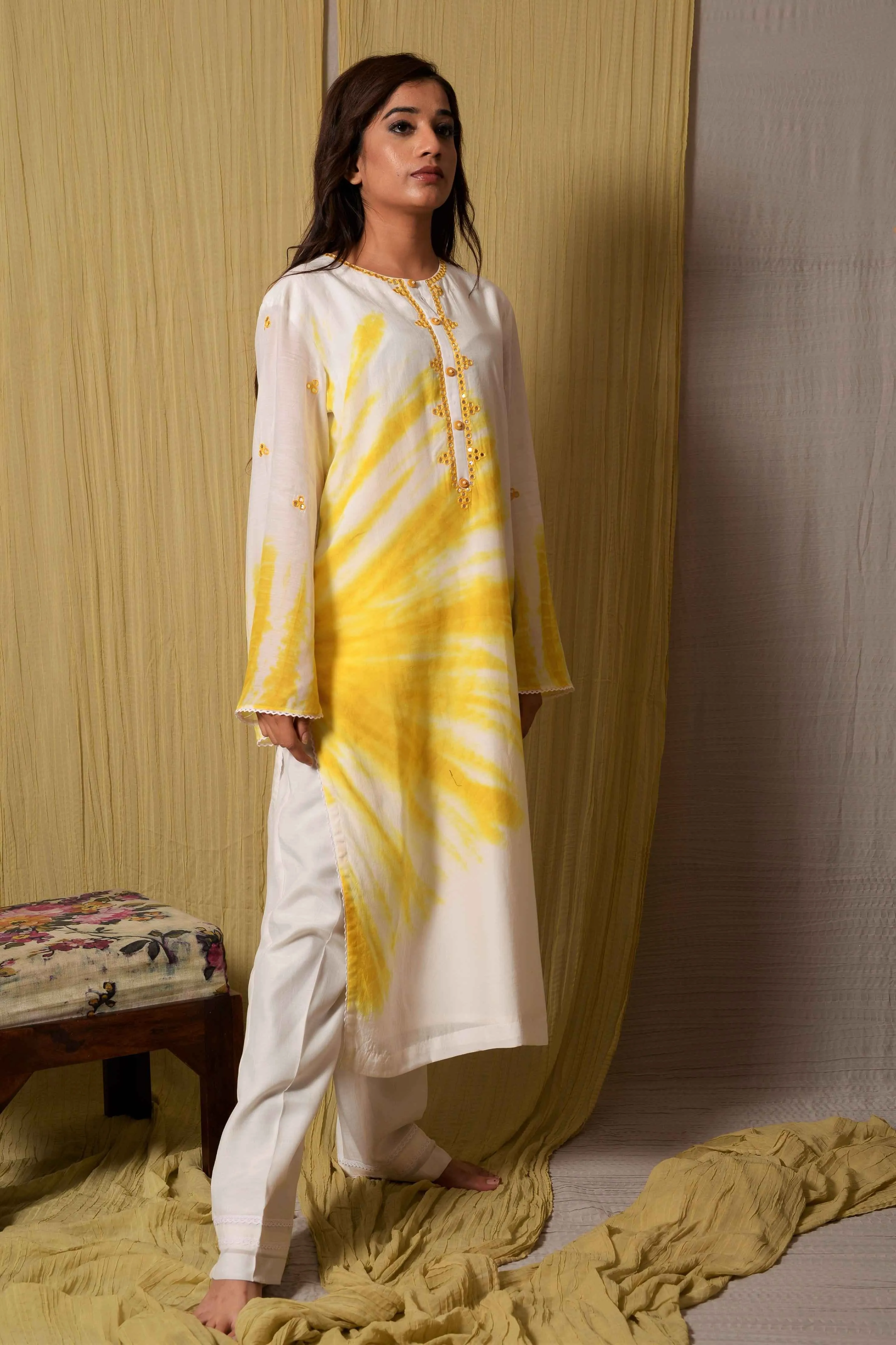White & Yellow Tie-Dye Kurta with Pants