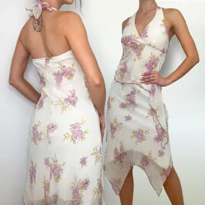 White Floral Early 2000s Halter Midi Dress (S)