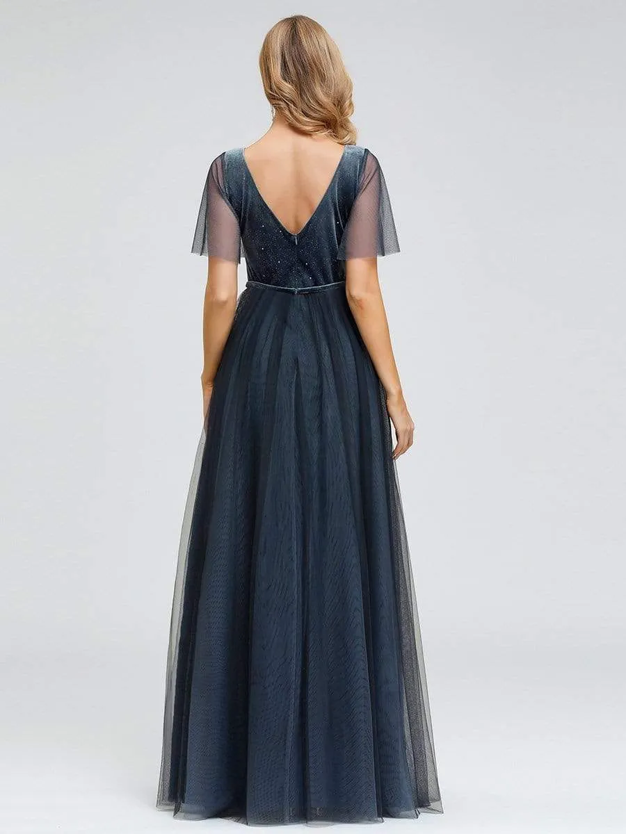 Women's V-Neck Floor Length Tulle and Velvet Evening Dresses