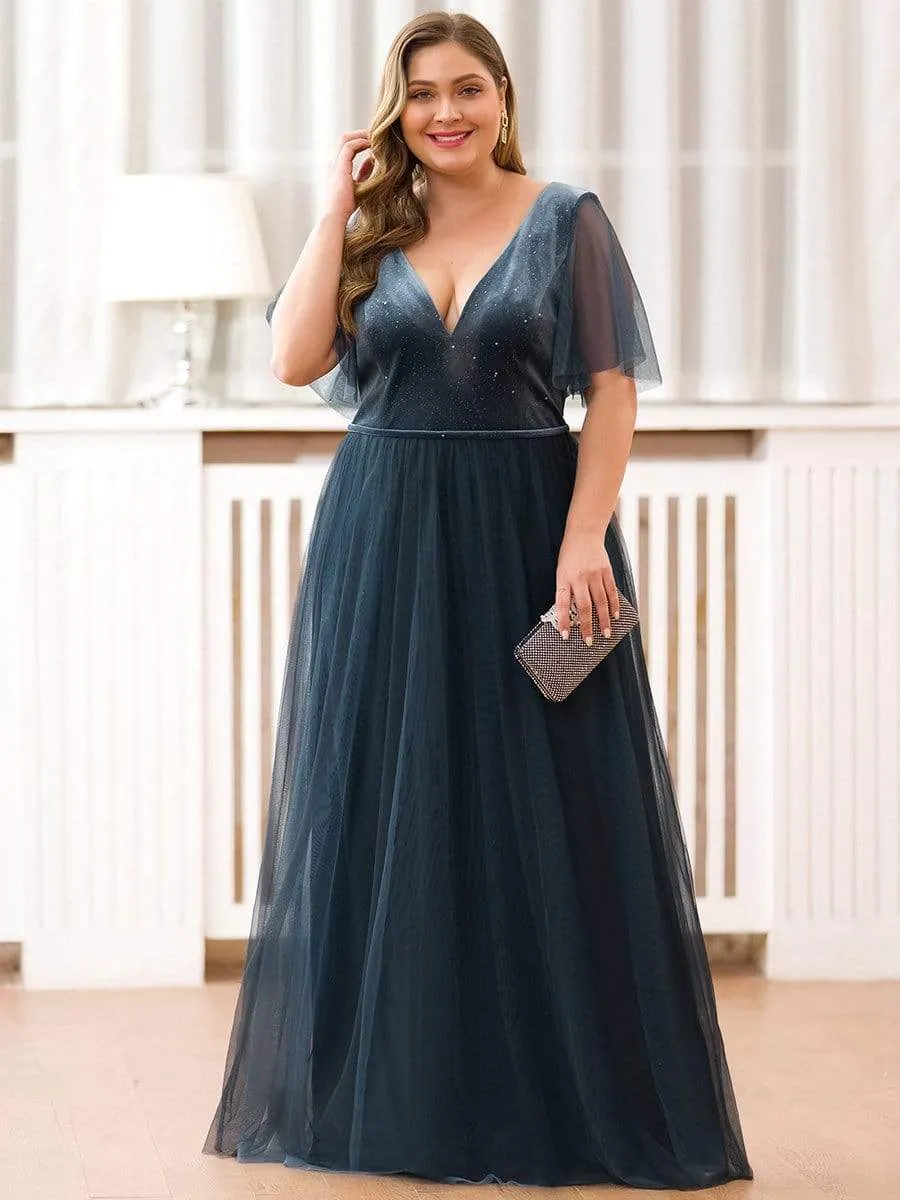 Women's V-Neck Floor Length Tulle and Velvet Evening Dresses