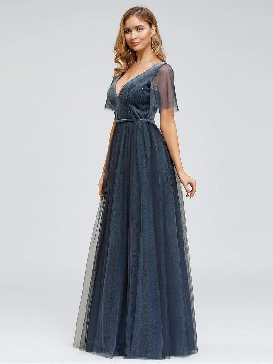 Women's V-Neck Floor Length Tulle and Velvet Evening Dresses