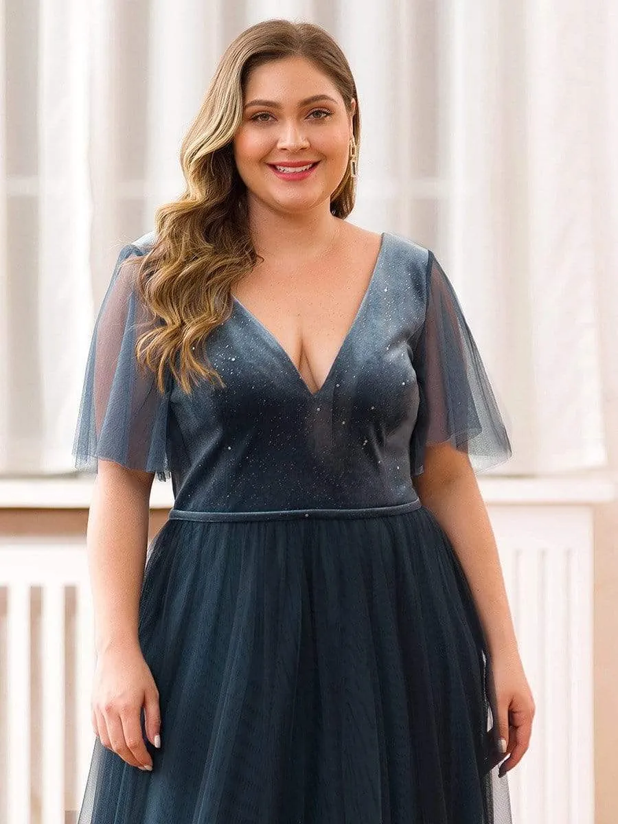 Women's V-Neck Floor Length Tulle and Velvet Evening Dresses