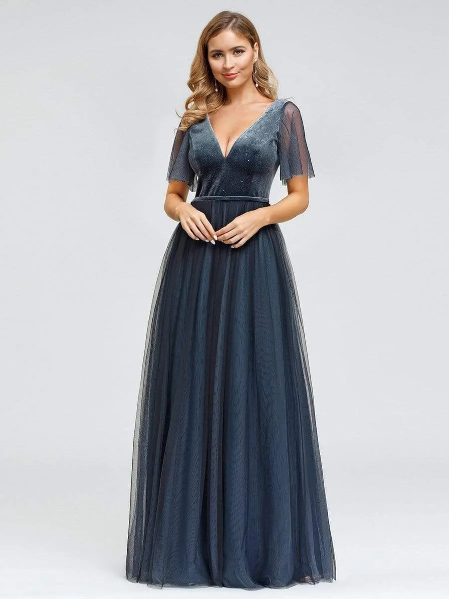 Women's V-Neck Floor Length Tulle and Velvet Evening Dresses