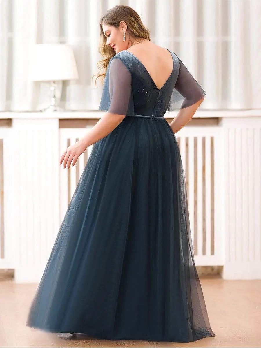 Women's V-Neck Floor Length Tulle and Velvet Evening Dresses