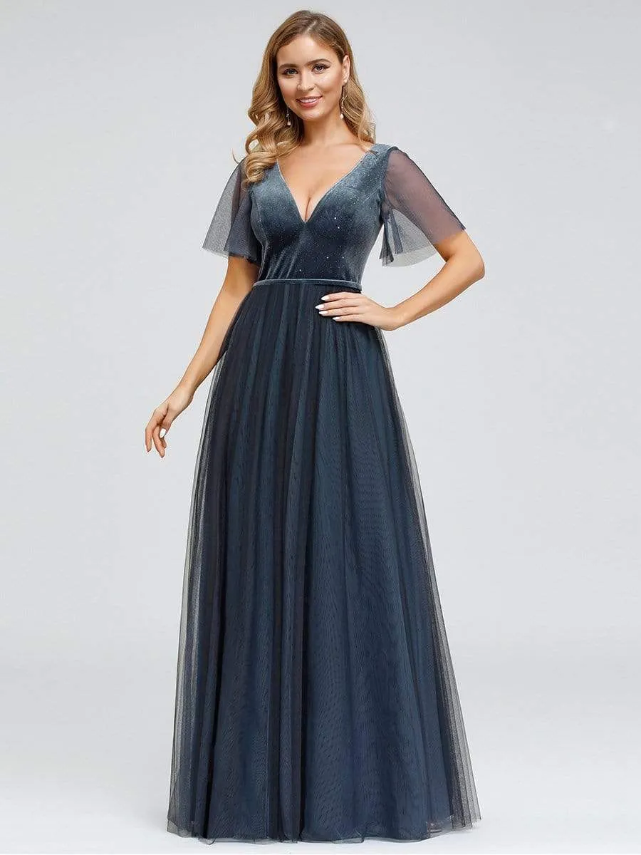 Women's V-Neck Floor Length Tulle and Velvet Evening Dresses