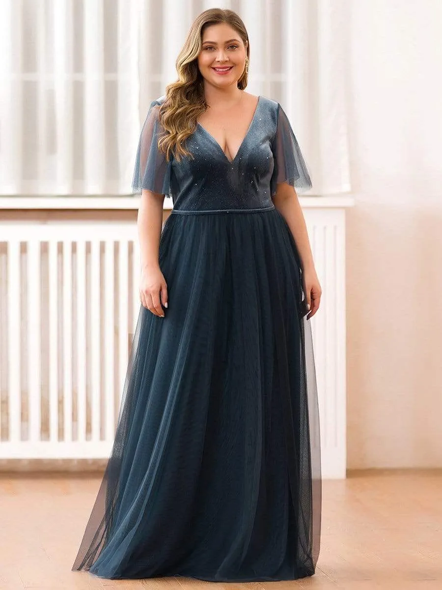 Women's V-Neck Floor Length Tulle and Velvet Evening Dresses