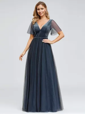 Women's V-Neck Floor Length Tulle and Velvet Evening Dresses